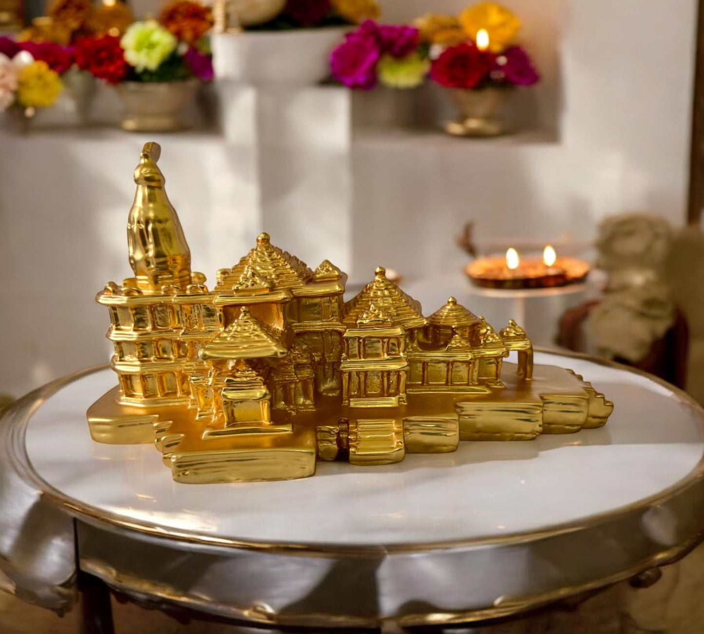 Golden Ayodhya Ram Mandir for Home Pooja Mandir Decor Decorative Showpiece