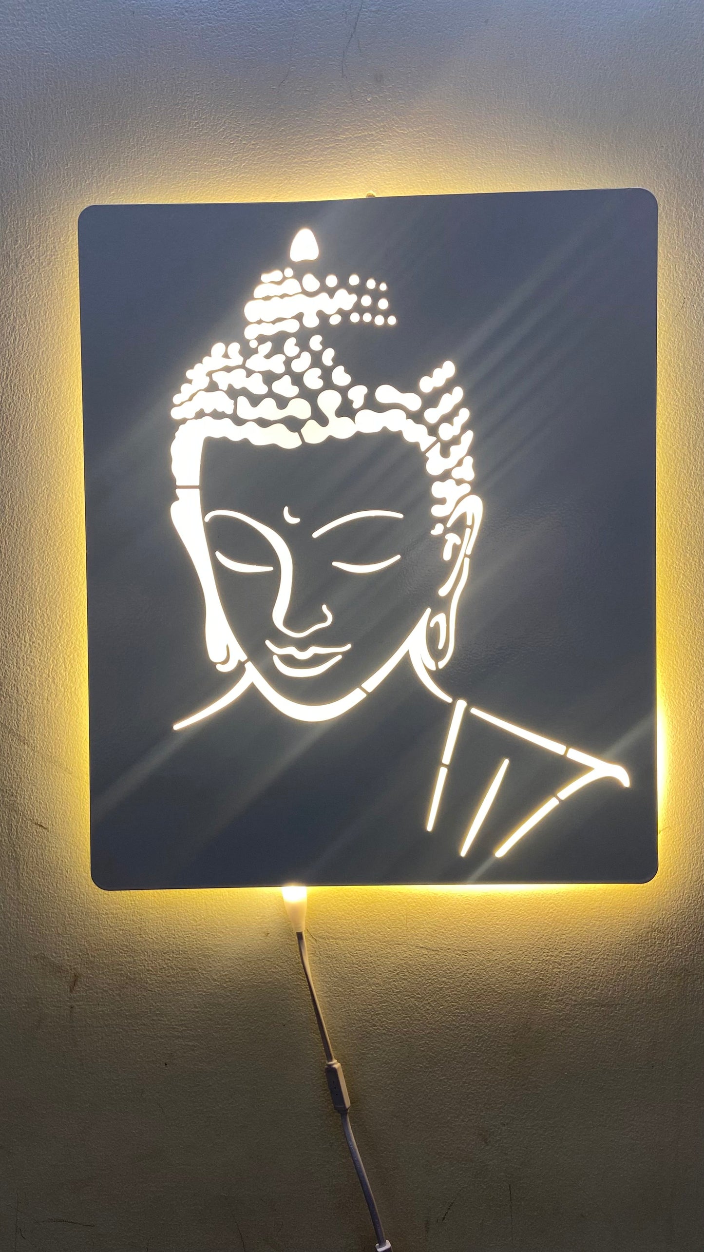 White Buddha Metal Art With LED Light Frame.