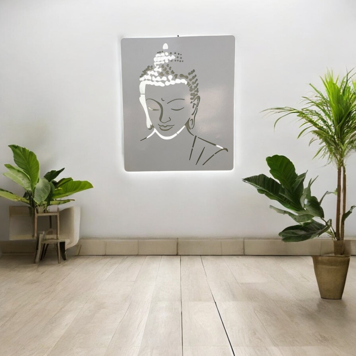 White Buddha Metal Art With LED Light Frame.