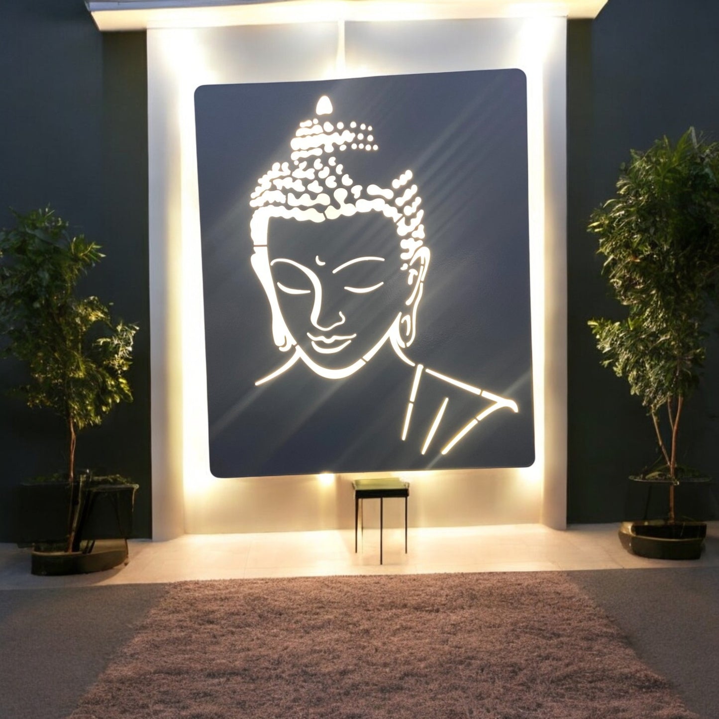 White Buddha Metal Art With LED Light Frame.