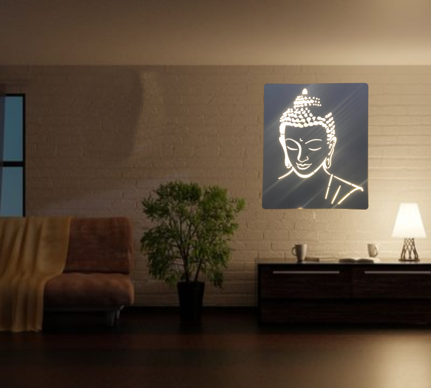 White Buddha Metal Art With LED Light Frame.