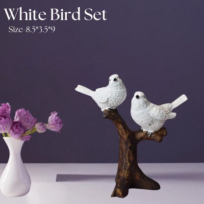 White Bird Pair Sitting On Tree Branch Figurine