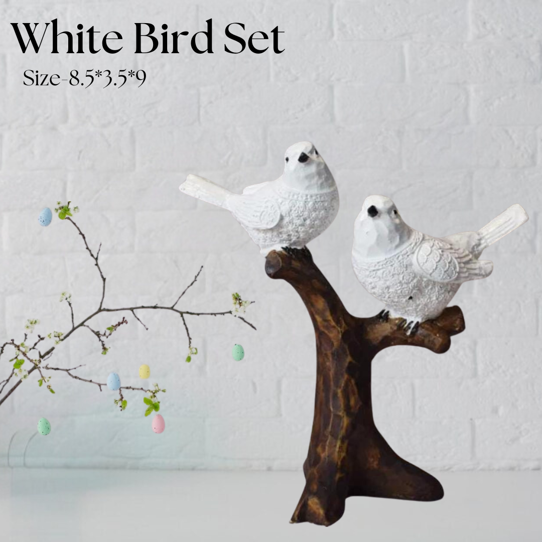 White Bird Pair Sitting On Tree Branch Figurine