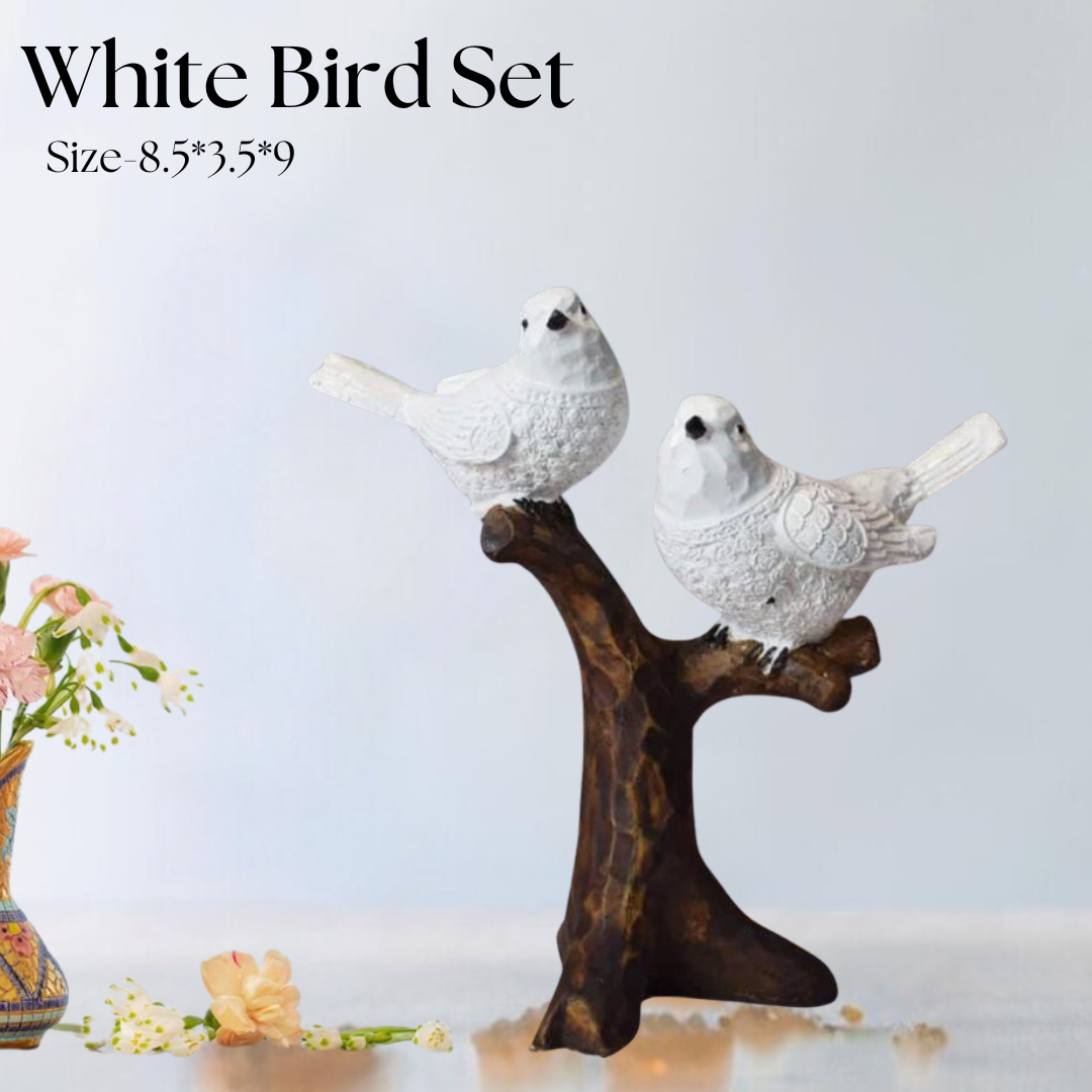 White Bird Pair Sitting On Tree Branch Figurine