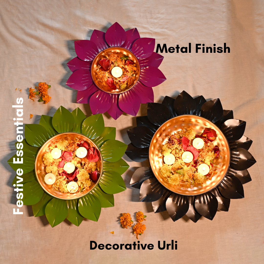 Beautiful Handcrafted Decorative Multicolor Leaf Urli With Diya Bowl Set of 3