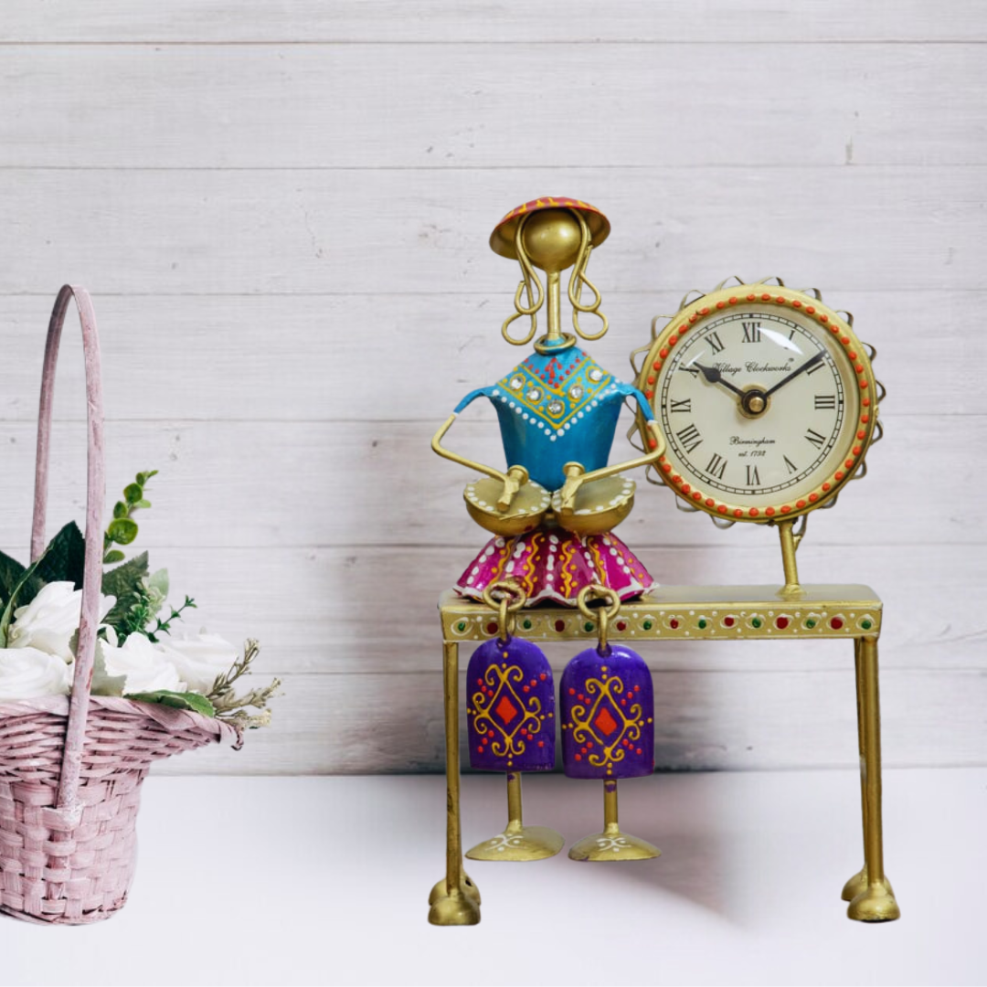 Antique Handicraft Sitting Tribal Doll With Clock