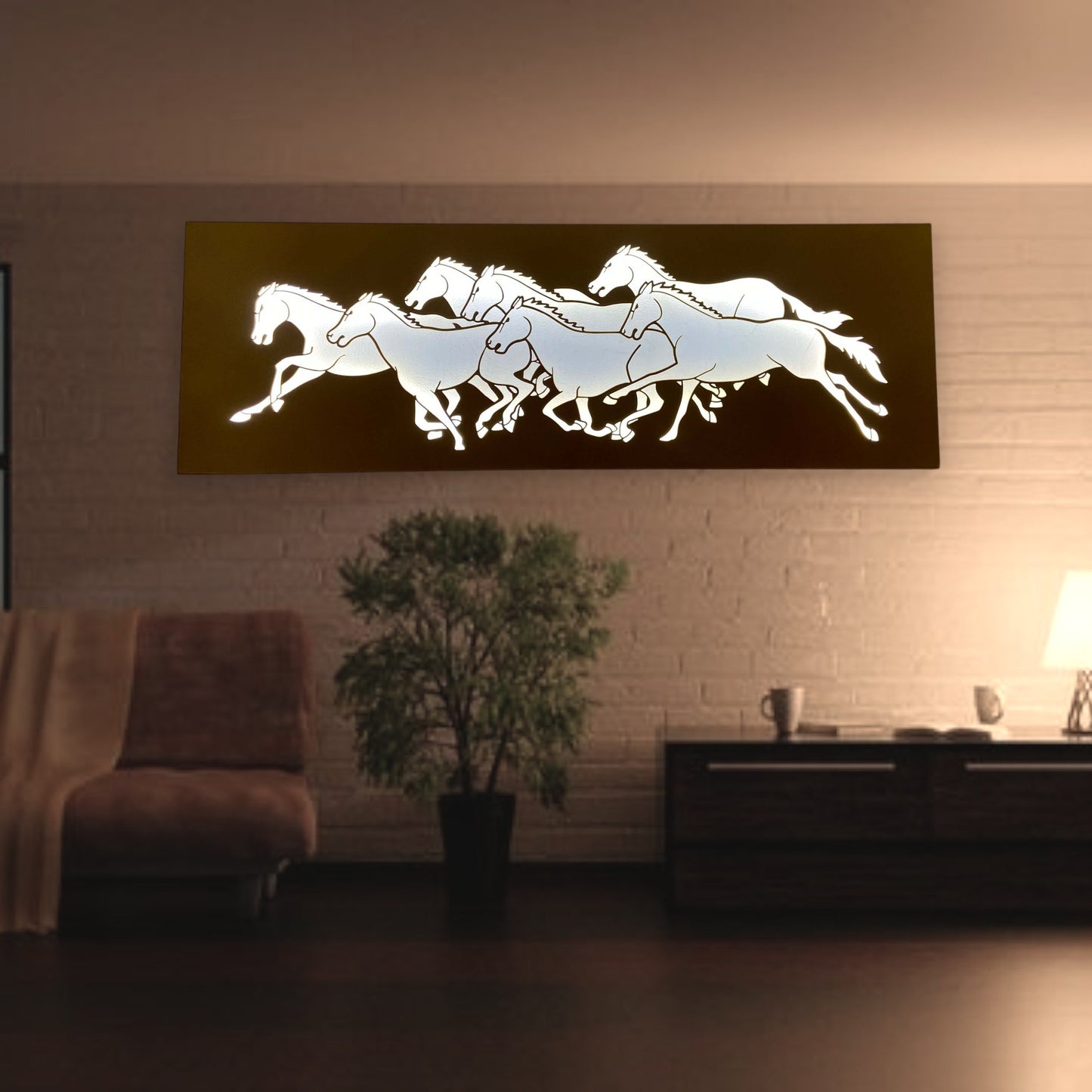 7 Horses Metal Wall Art with LED Light – Vastu Decorative Frame for Positive Energy