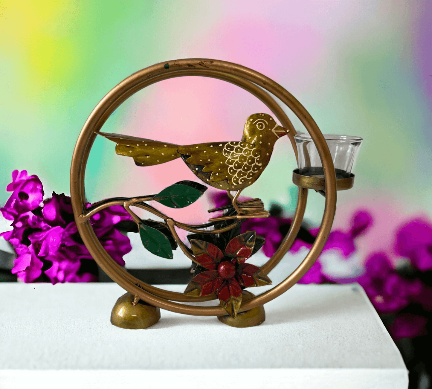 Rajasthani Iron Bird in Ring With T Light Candle Holder