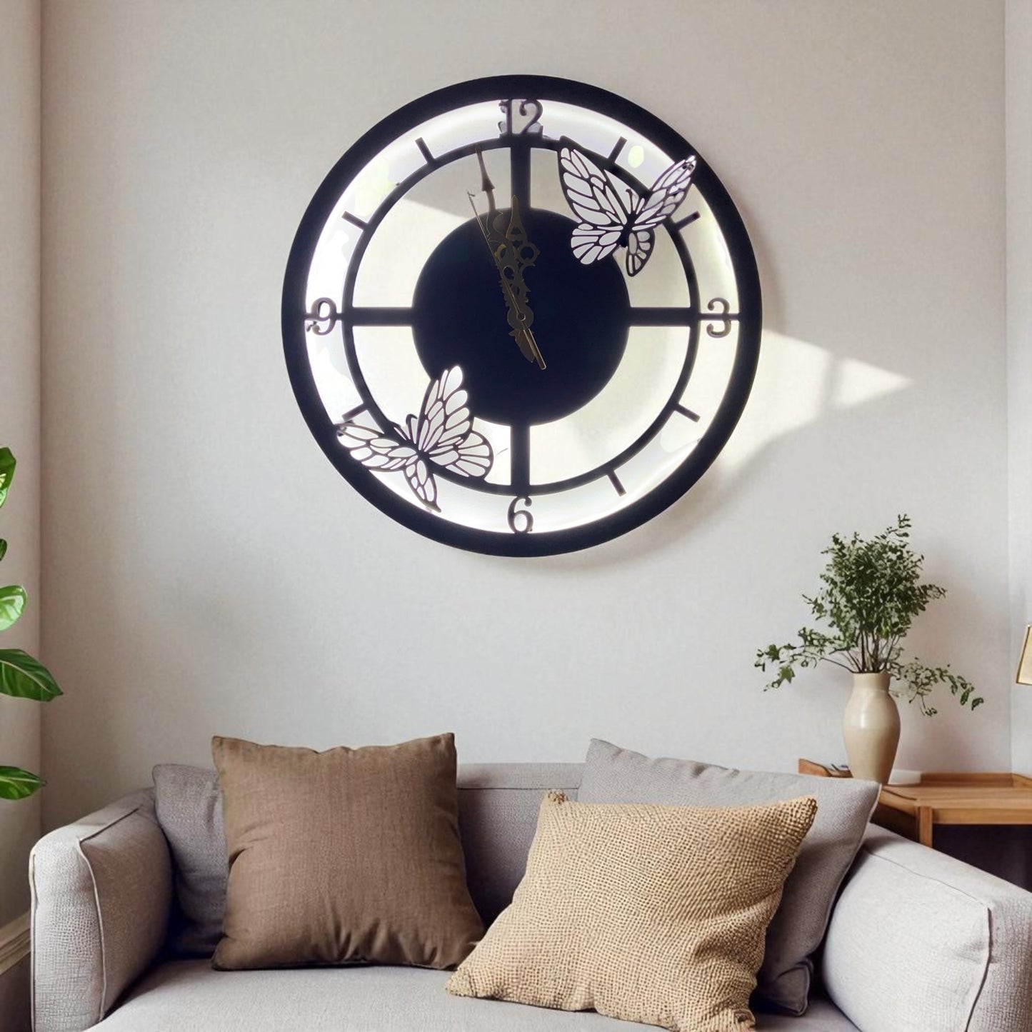 Butterfly Metal Wall Clock with LED Light – Stylish Decorative Wall Art for Home & Office