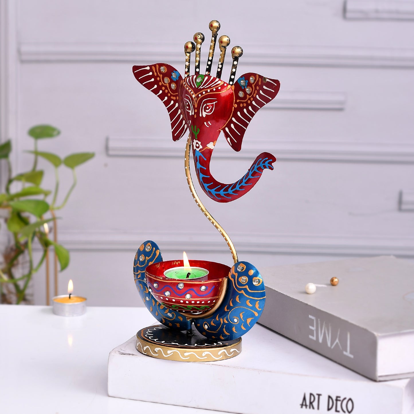 Beautiful Red And Blue Lord Ganesh T-light Candle Holder