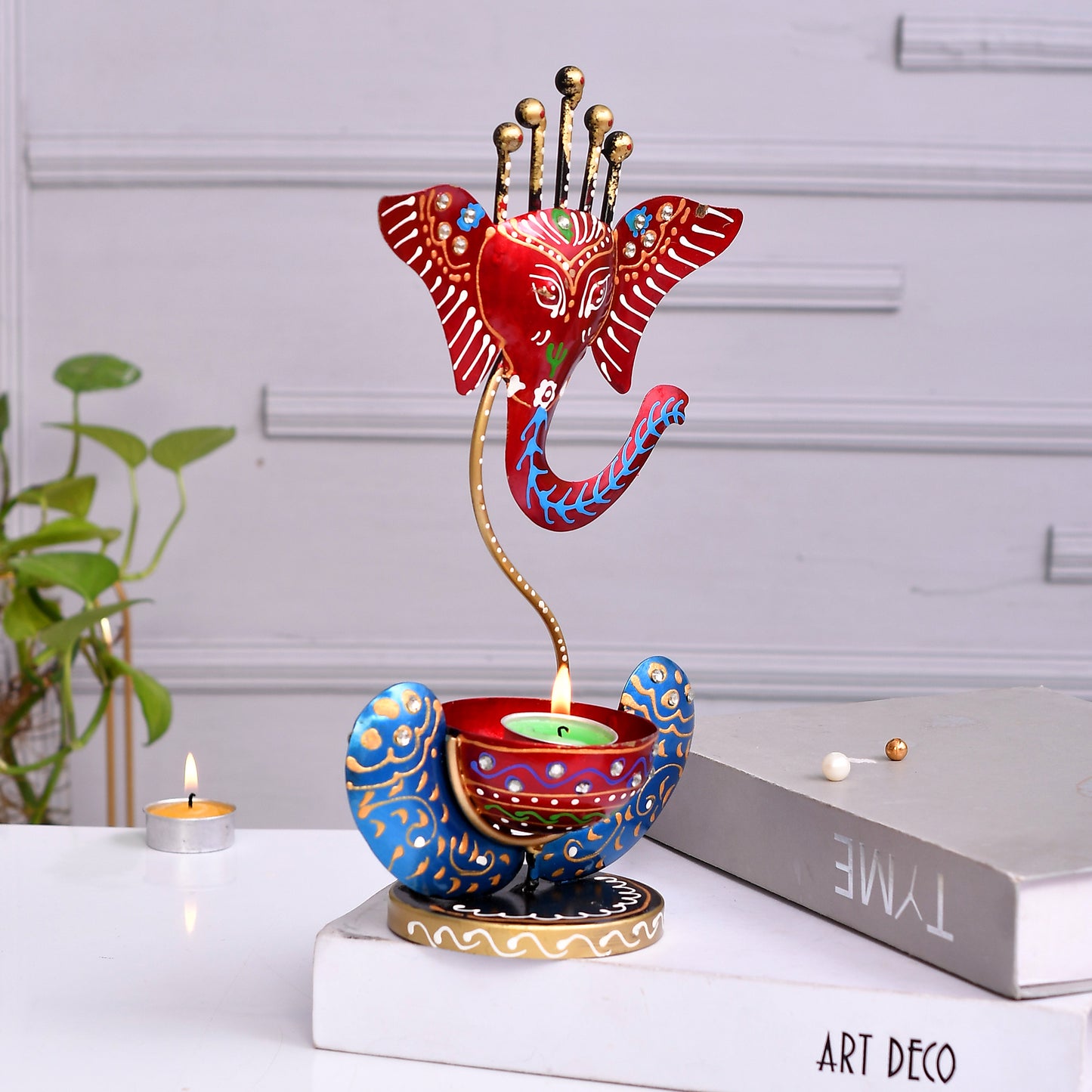 Beautiful Red And Blue Lord Ganesh T-light Candle Holder