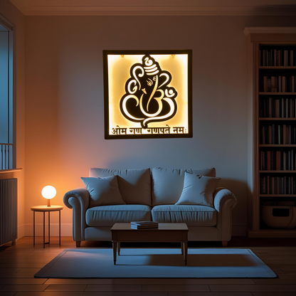 Golden Lord Ganesha Metal Wall Art with LED Light