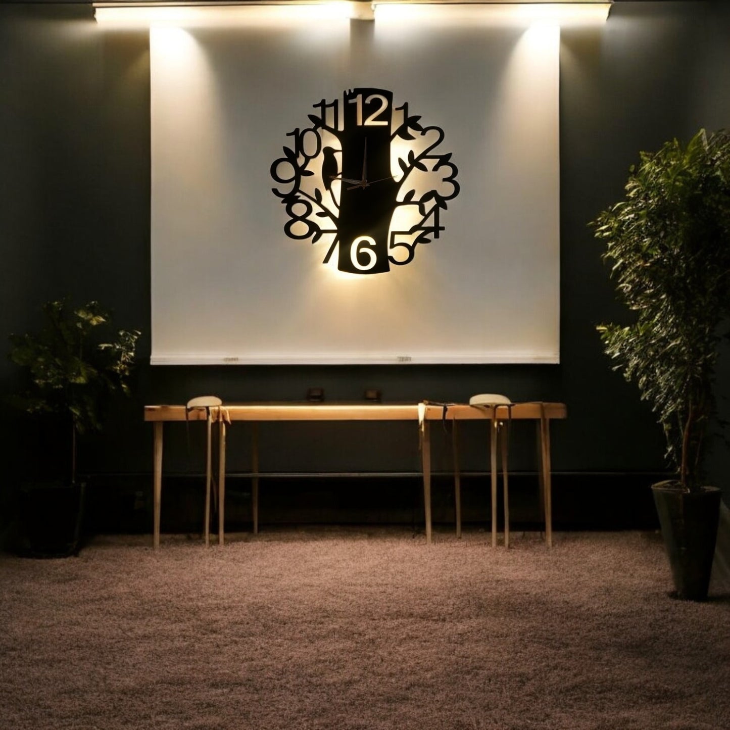 Modern Tree Design Metal Wall Clock with LED Light.