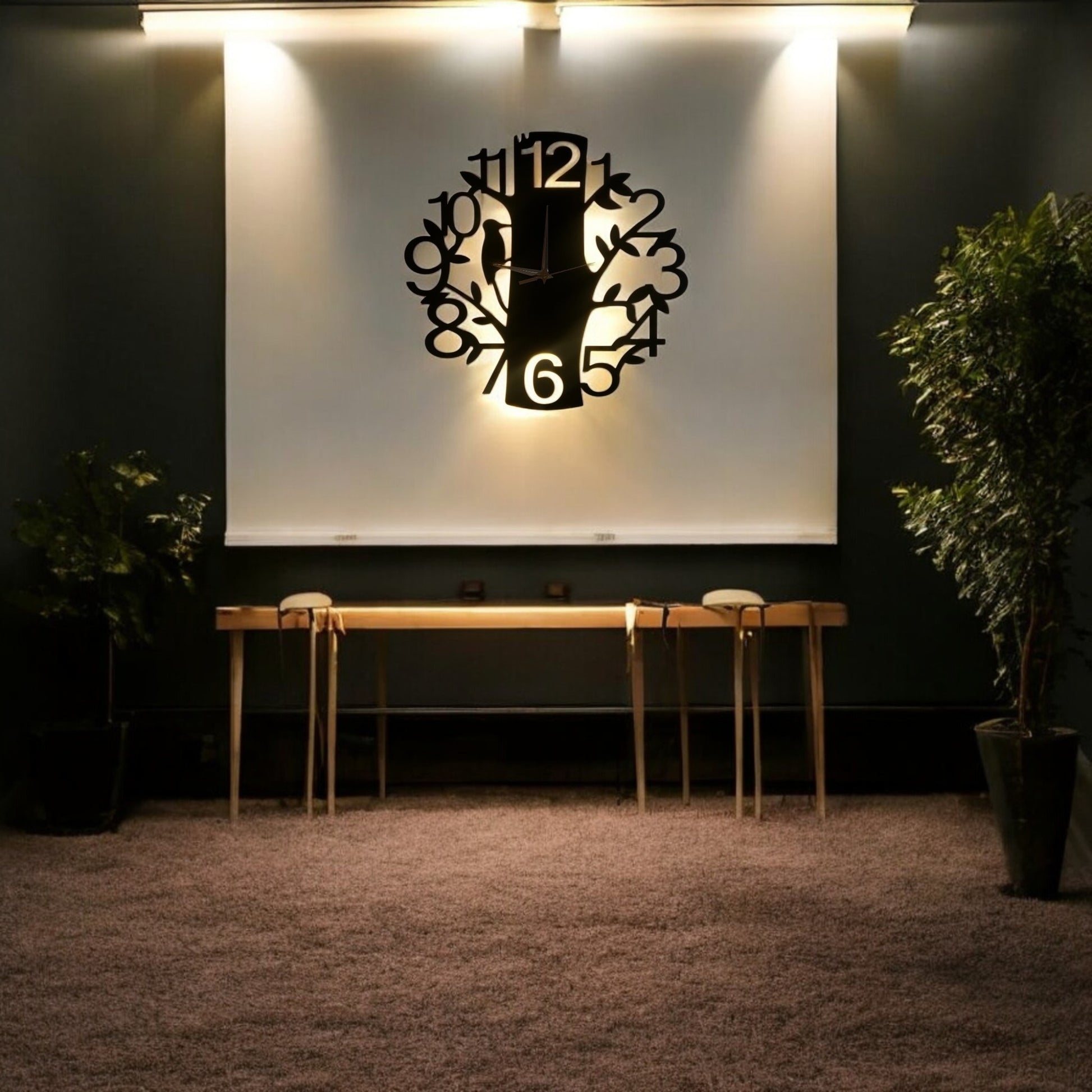 Modern Tree Design Metal Wall Clock with LED Light.