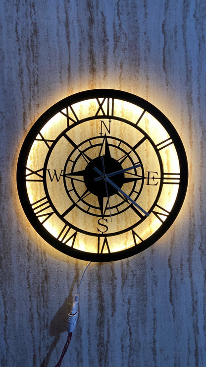 Compass Style Roman Numeral LED Wall Clock with LED Light