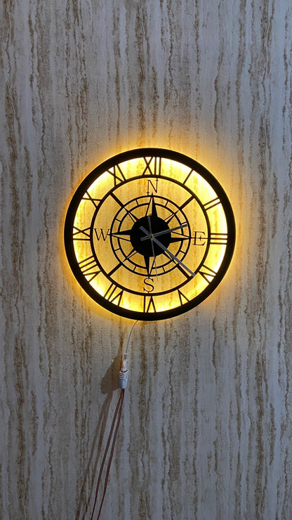 Compass Style Roman Numeral LED Wall Clock with LED Light