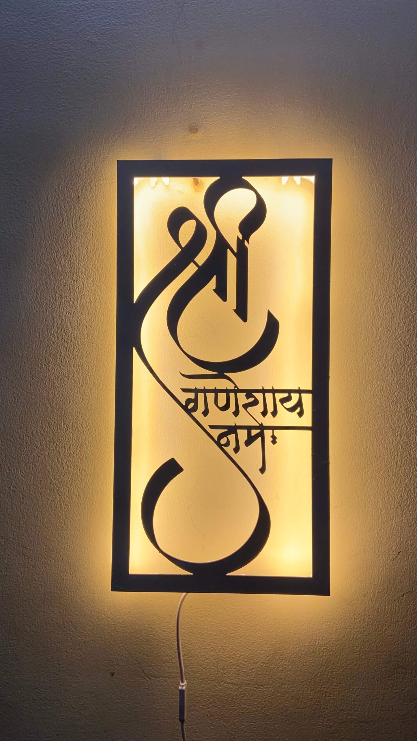 Shree Ganeshay Namah Mantra Metal Wall Art Frame With LED Light – White & Black Variants