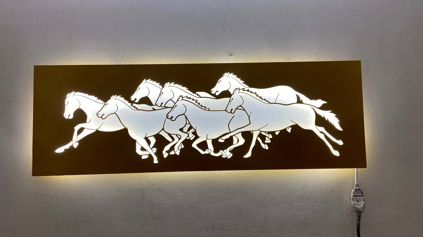 7 Horses Metal Wall Art with LED Light – Vastu Decorative Frame for Positive Energy