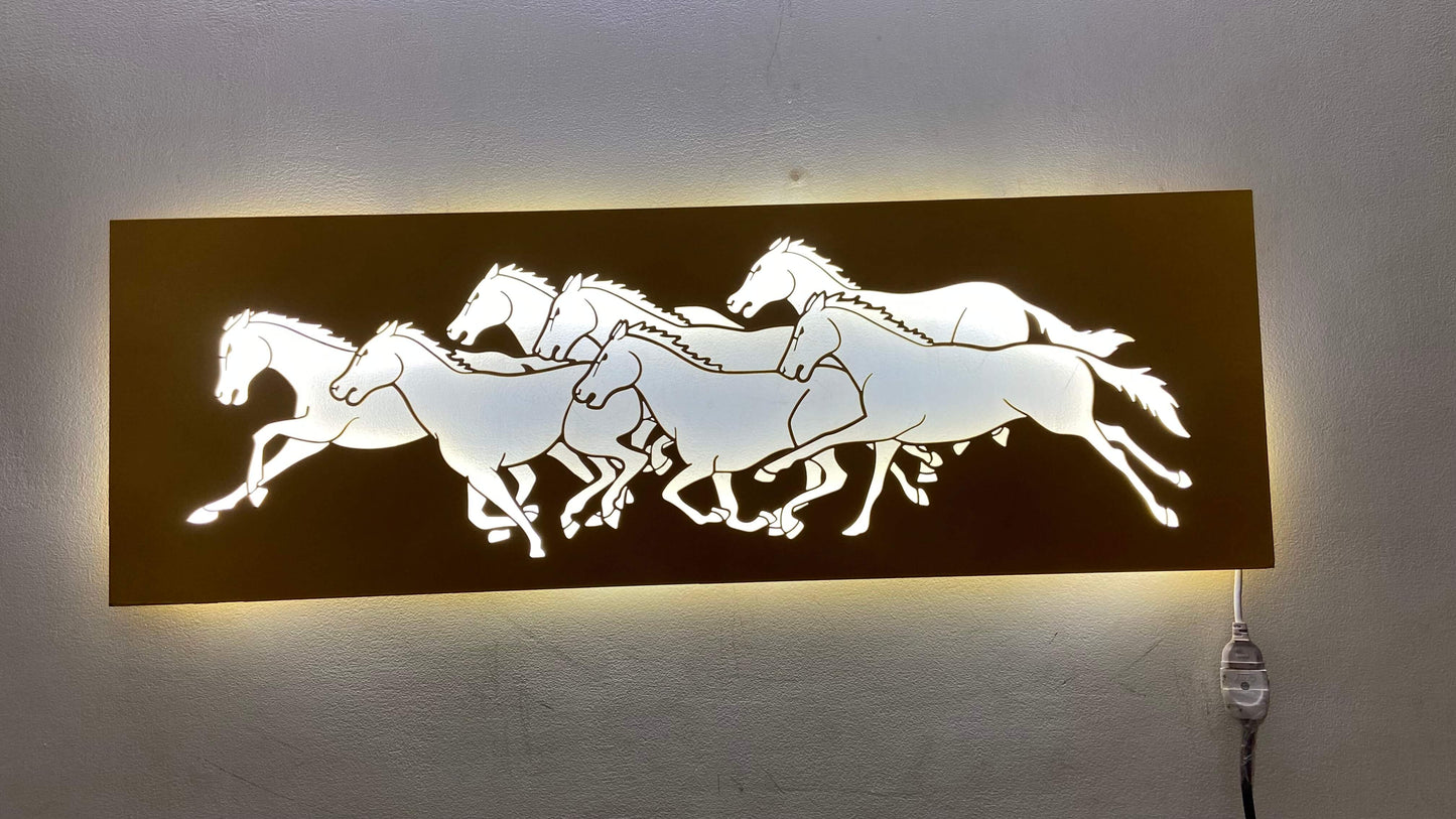 7 Horses Metal Wall Art with LED Light – Vastu Decorative Frame for Positive Energy