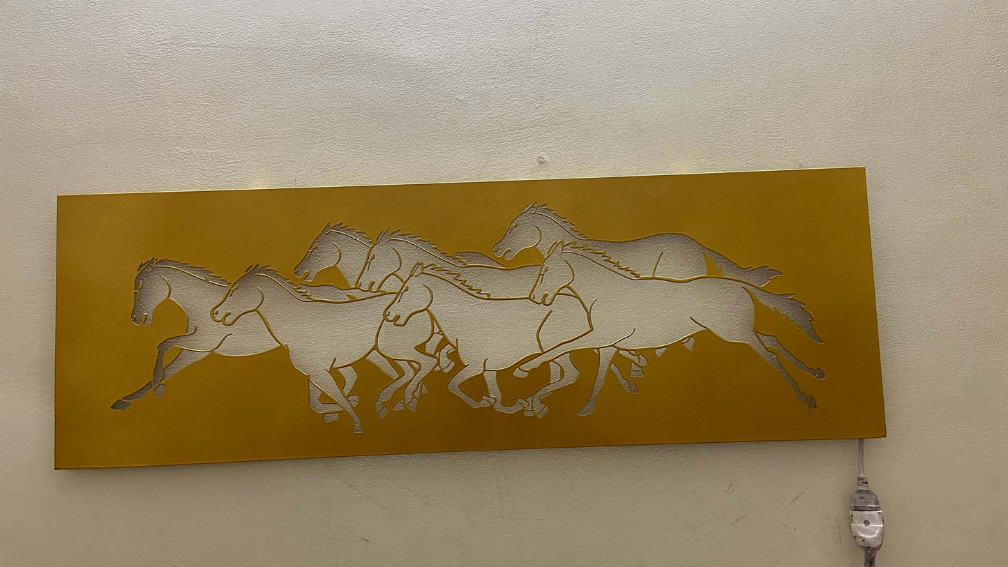 7 Horses Metal Wall Art with LED Light – Vastu Decorative Frame for Positive Energy