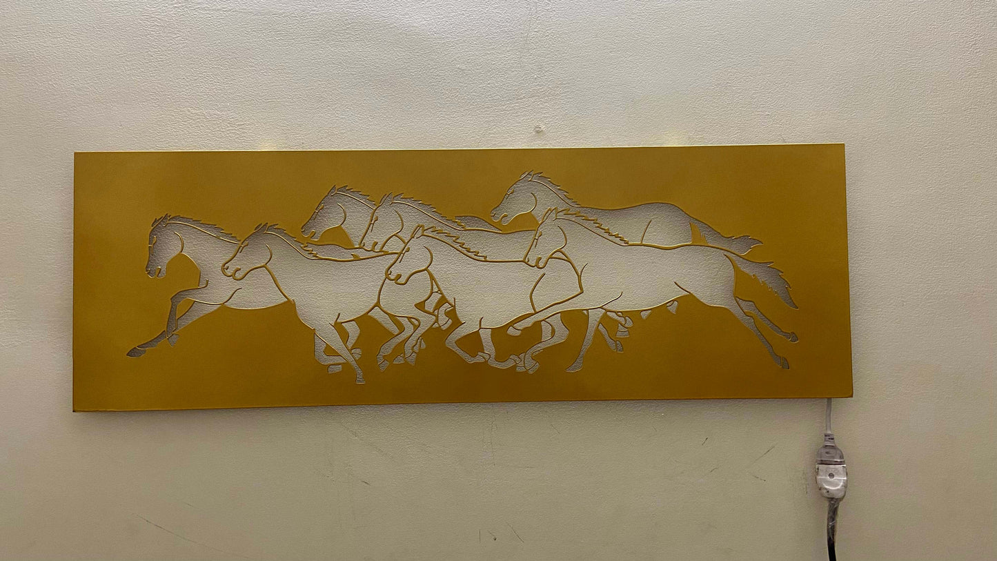 7 Horses Metal Wall Art with LED Light – Vastu Decorative Frame for Positive Energy