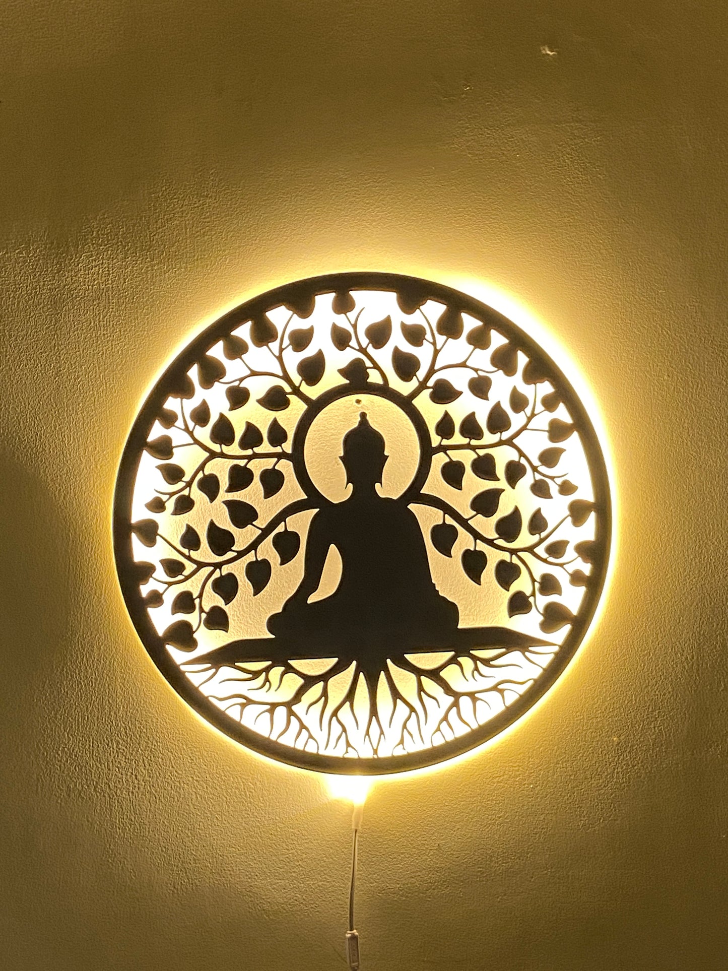 Black Buddha and Bodhi Tree Metal Art With LED Light Frame