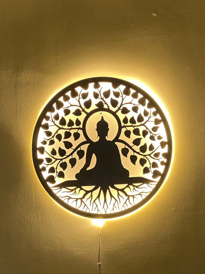 Black Buddha and Bodhi Tree Metal Art With LED Light Frame