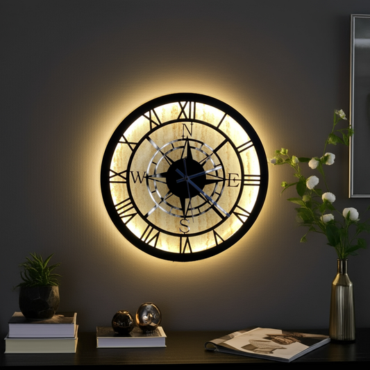 Compass Style Roman Numeral LED Wall Clock with LED Light