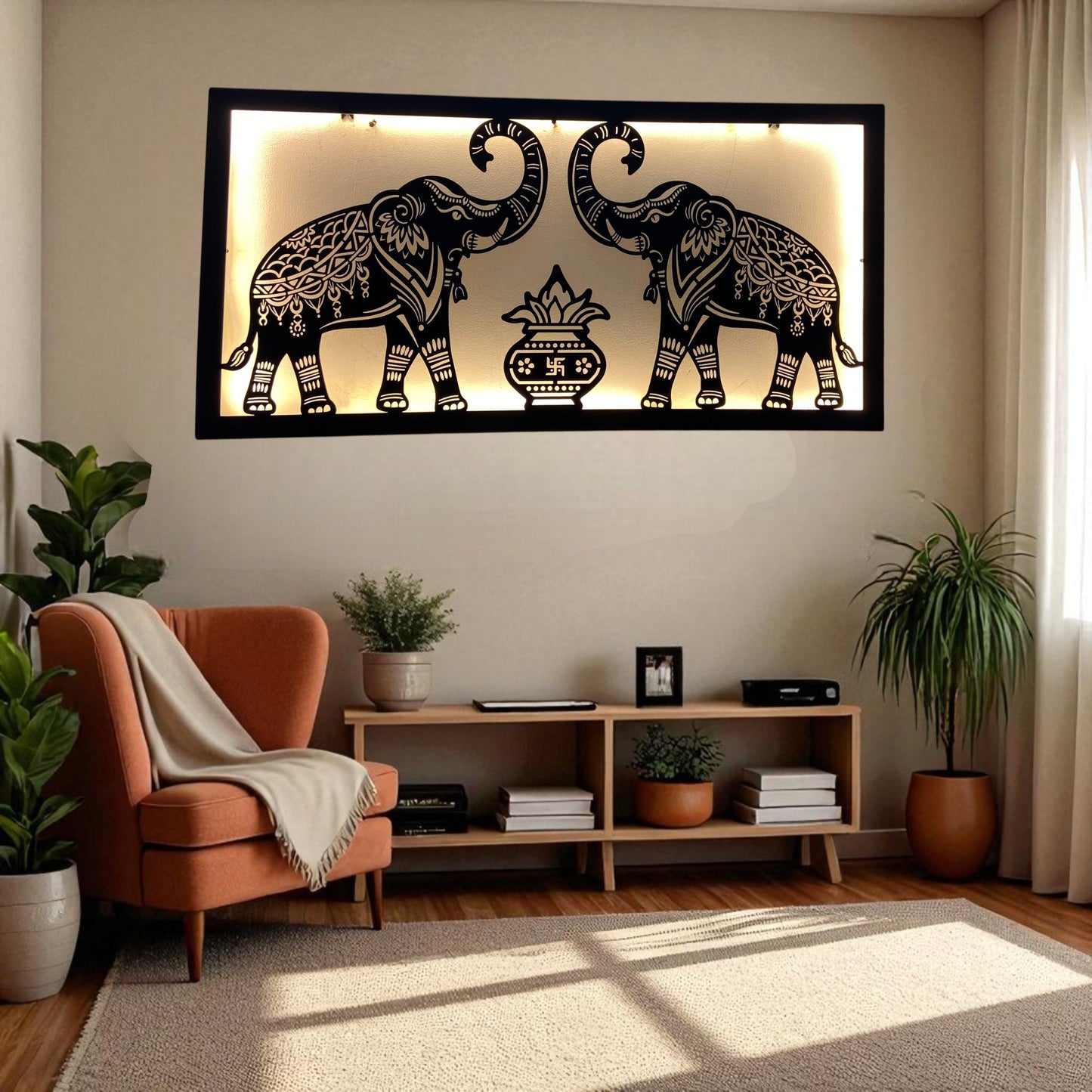 Two Royal Elephant With Traditional Kalash Design Metal Wall Art with LED Light
