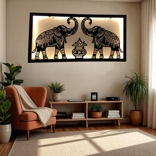 Two Royal Elephant With Traditional Kalash Design Metal Wall Art with LED Light