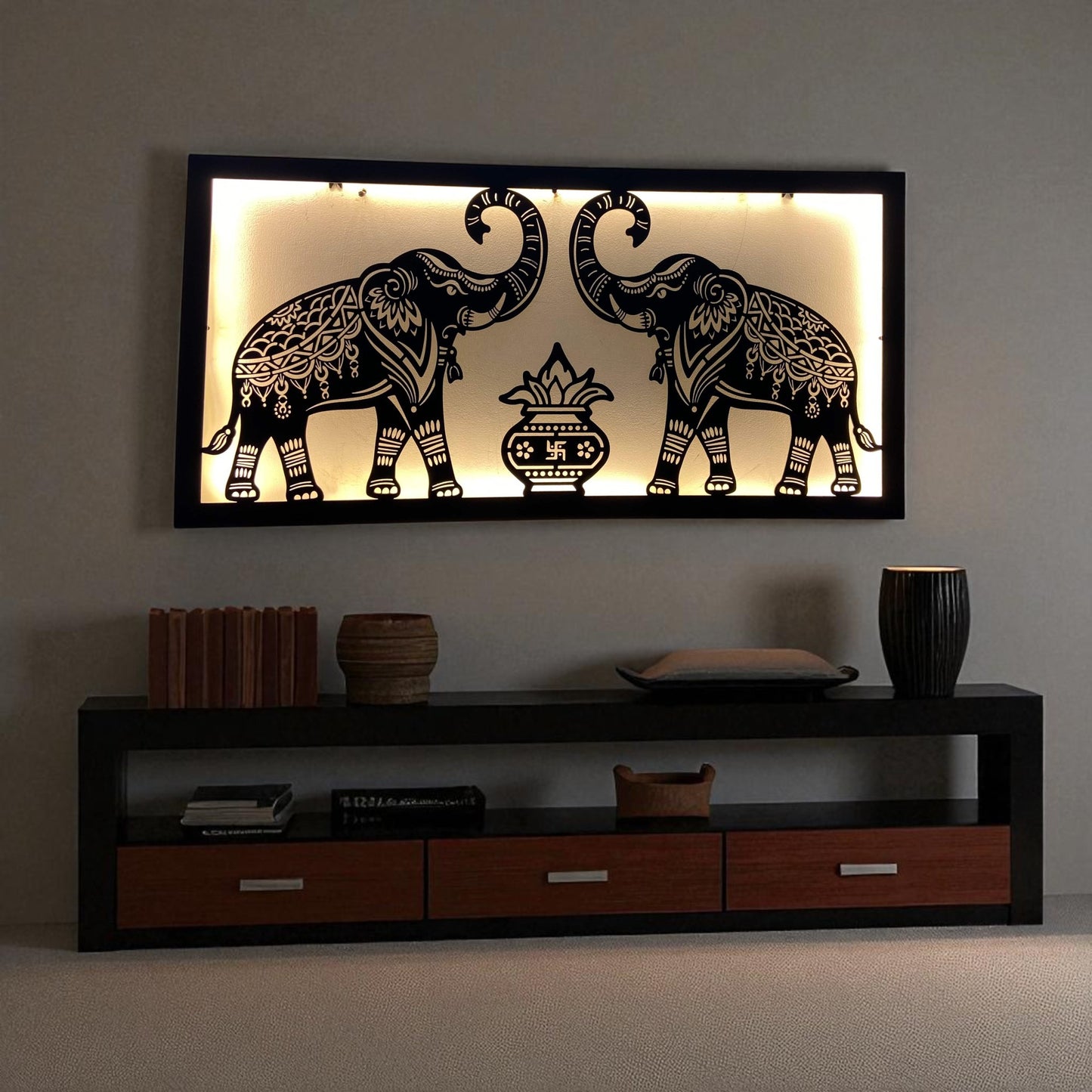 Two Royal Elephant With Traditional Kalash Design Metal Wall Art with LED Light