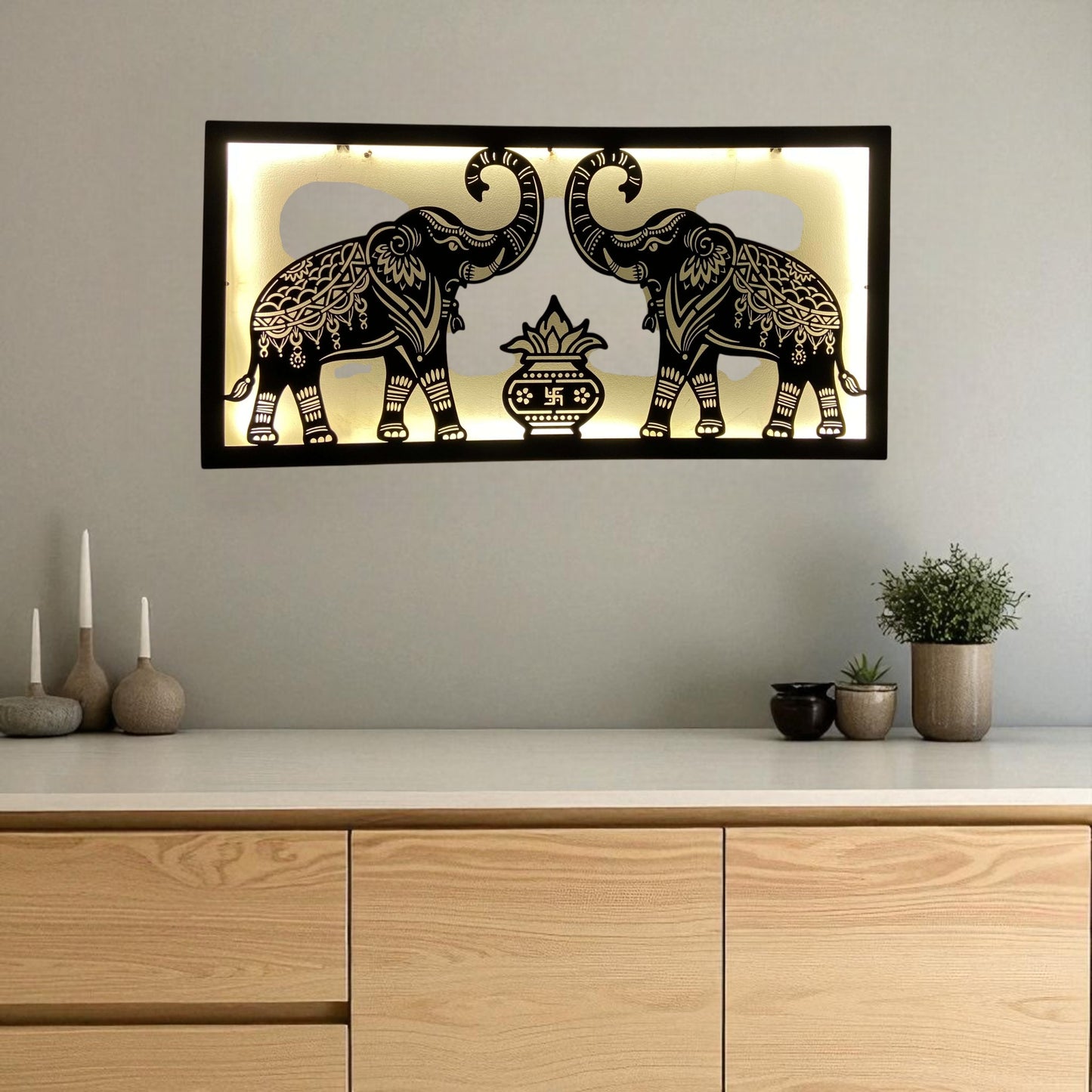 Two Royal Elephant With Traditional Kalash Design Metal Wall Art with LED Light