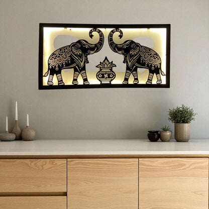 Two Royal Elephant With Traditional Kalash Design Metal Wall Art with LED Light