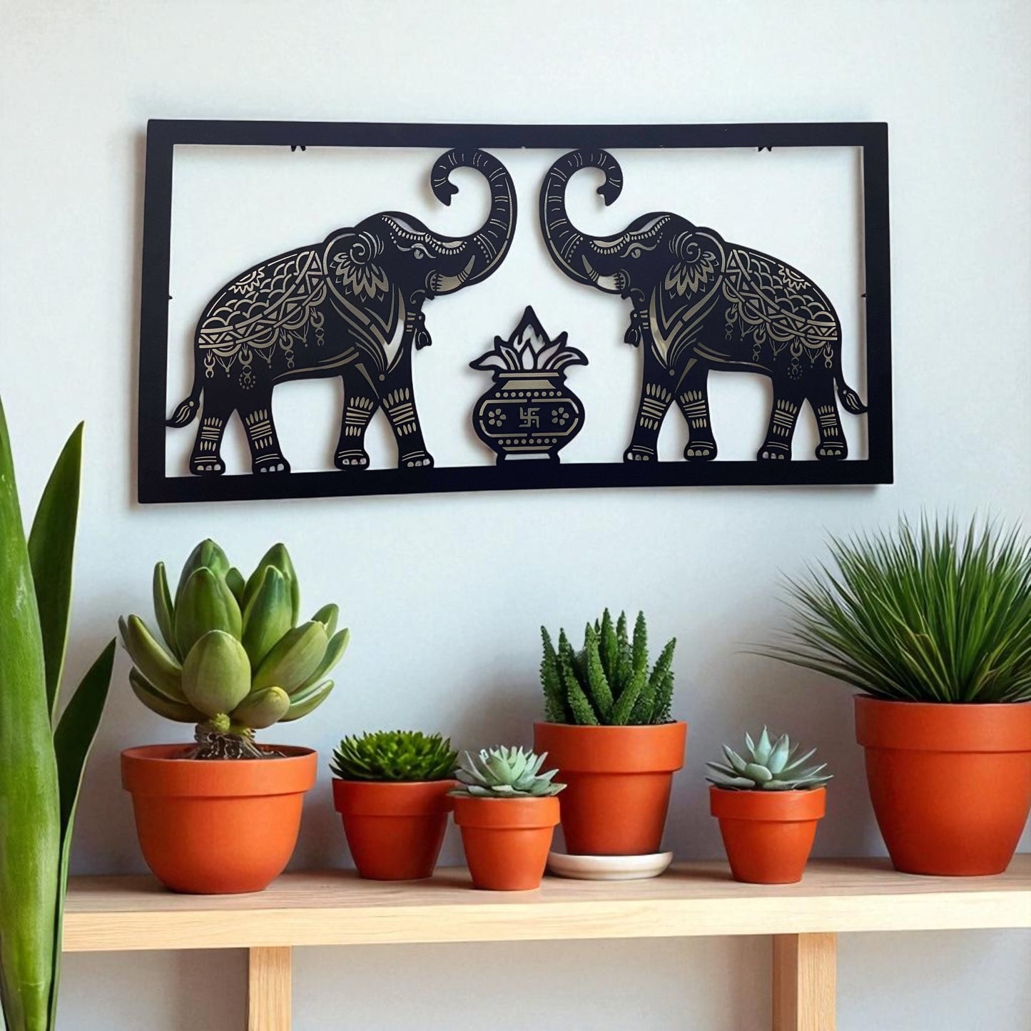 Two Royal Elephant With Traditional Kalash Design Metal Wall Art with LED Light