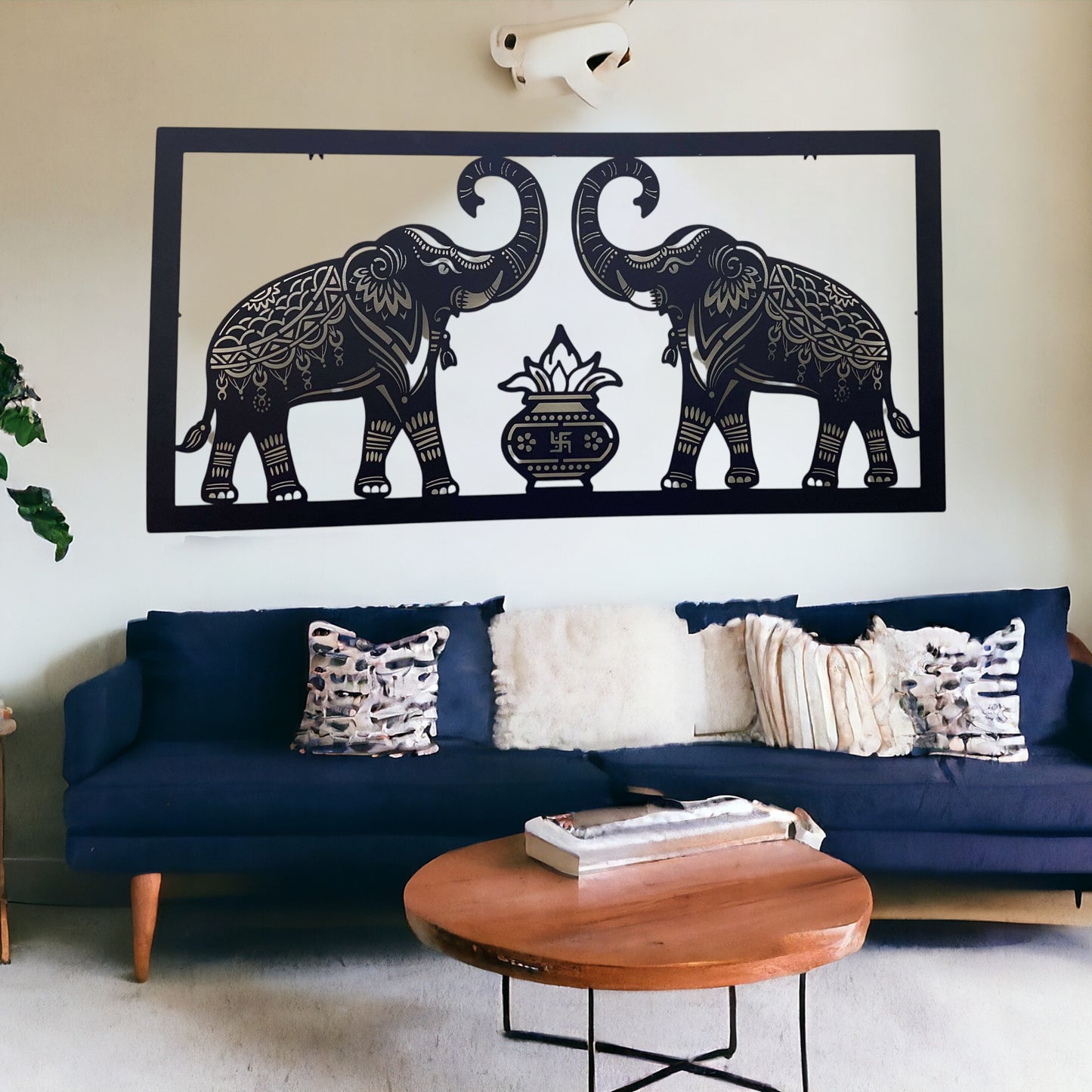 Two Royal Elephant With Traditional Kalash Design Metal Wall Art with LED Light