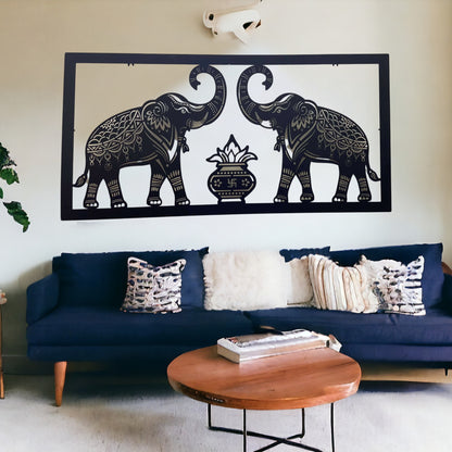 Two Royal Elephant With Traditional Kalash Design Metal Wall Art with LED Light
