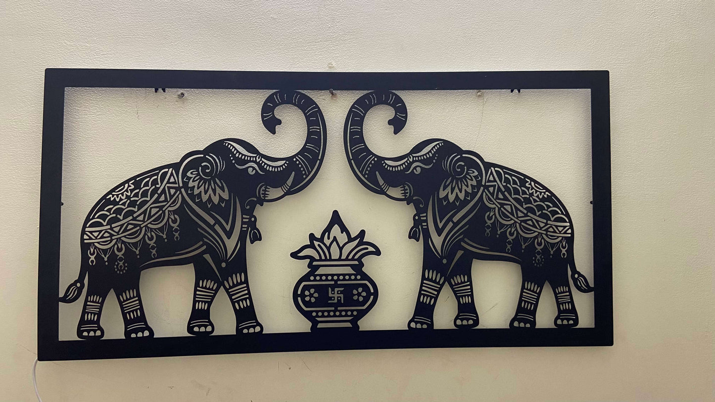 Two Royal Elephant With Traditional Kalash Design Metal Wall Art with LED Light