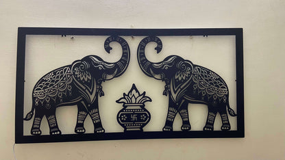 Two Royal Elephant With Traditional Kalash Design Metal Wall Art with LED Light