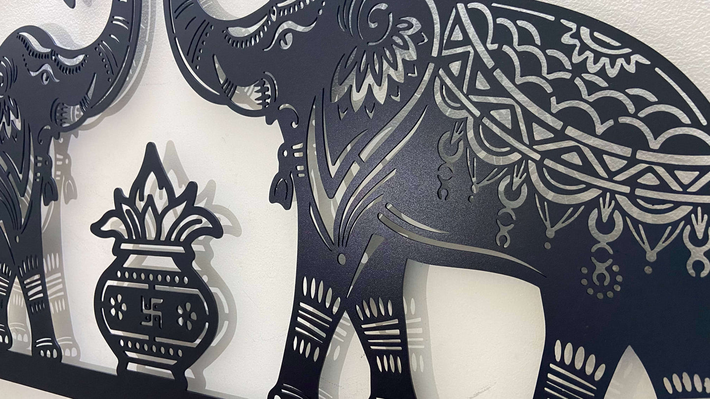 Two Royal Elephant With Traditional Kalash Design Metal Wall Art with LED Light