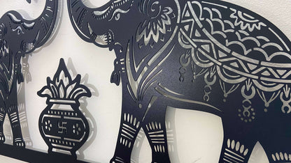 Two Royal Elephant With Traditional Kalash Design Metal Wall Art with LED Light