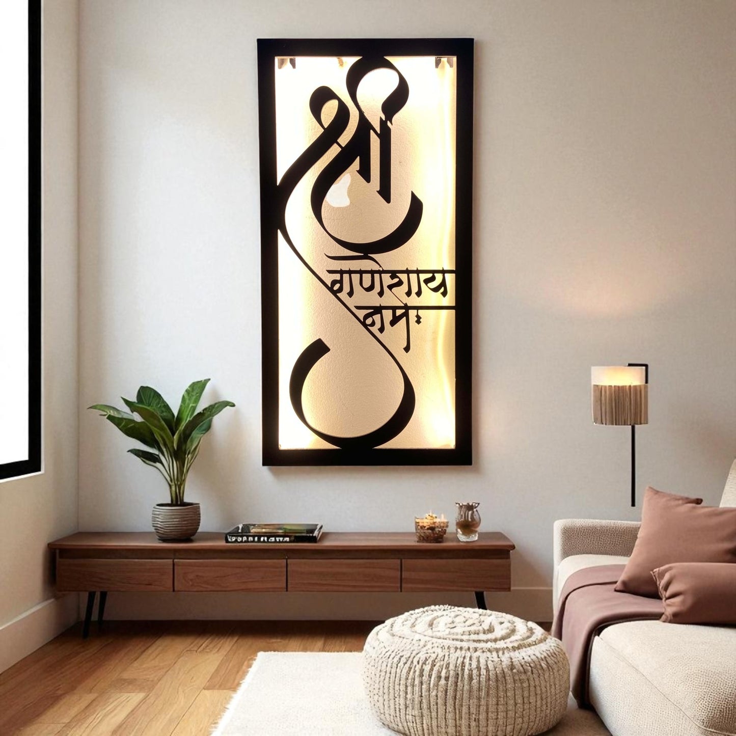 Shree Ganeshay Namah Mantra Metal Wall Art Frame With LED Light – White & Black Variants