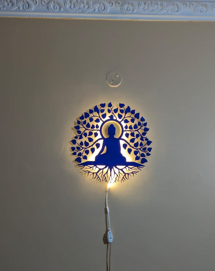 Blue Buddha and Bodhi Metal Art With LED Light Frame